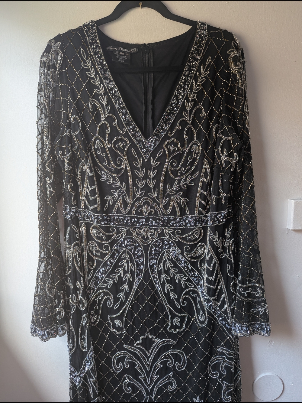 Pisarro Nights Black Long-Sleeve Beaded V-Neck Evening Dress